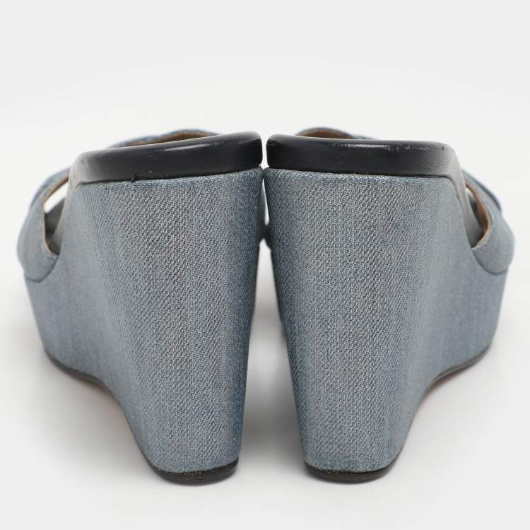 Pre Owned Jimmy Choo Blue Denim Prima Wedge Sandals Size 37.5