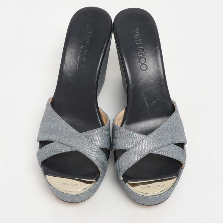 Pre Owned Jimmy Choo Blue Denim Prima Wedge Sandals Size 37.5
