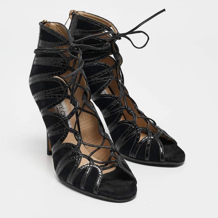 Pre Owned Jimmy Choo Black Python and Suede Lace Up Pumps 36.5