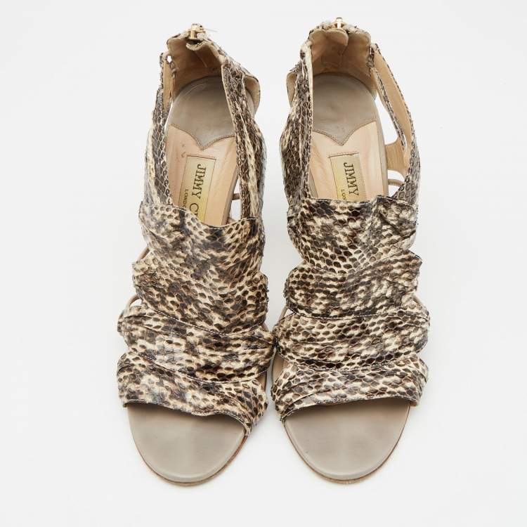 Pre Owned Jimmy Choo Beige/Brown Python Leather Open Toe Sandals Size 40.5