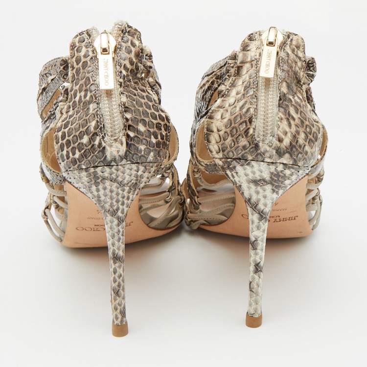 Pre Owned Jimmy Choo Beige/Brown Python Leather Open Toe Sandals Size 40.5