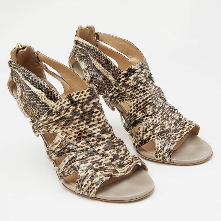 Pre Owned Jimmy Choo Beige/Brown Python Leather Open Toe Sandals Size 40.5