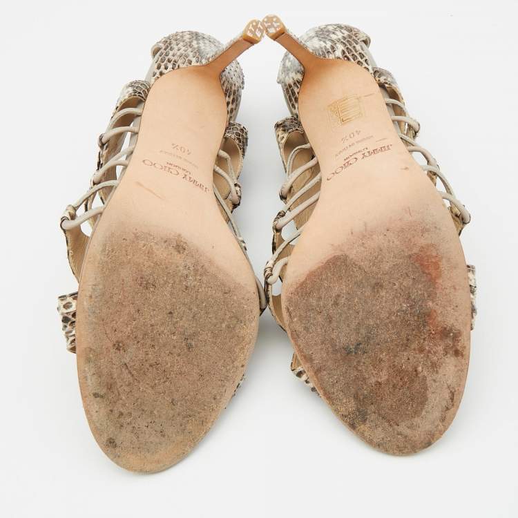 Pre Owned Jimmy Choo Beige/Brown Python Leather Open Toe Sandals Size 40.5