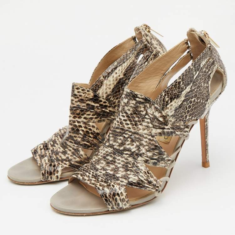 Pre Owned Jimmy Choo Beige/Brown Python Leather Open Toe Sandals Size 40.5