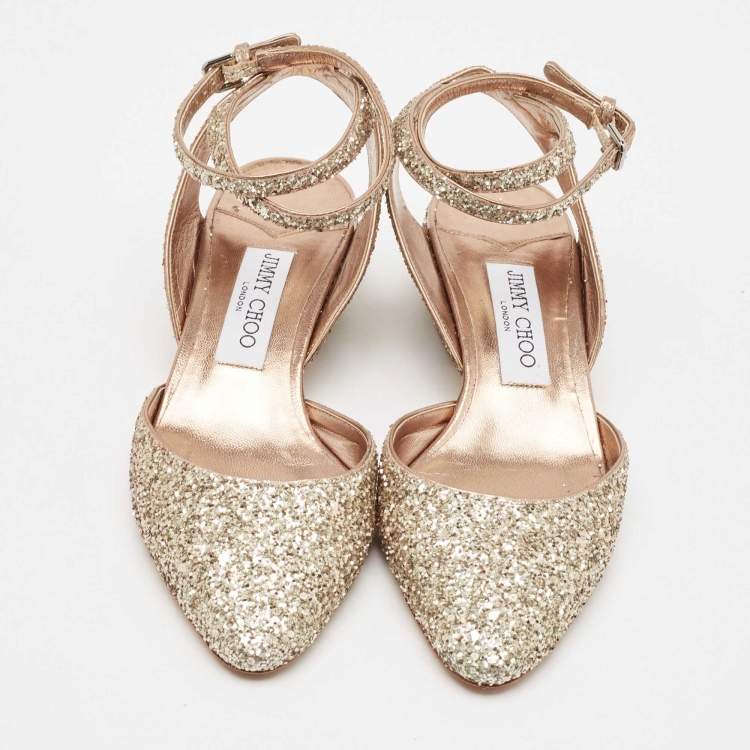 Pre Owned Jimmy Choo Metallic Glitter Micky Ankle Strap Sandals Size 37