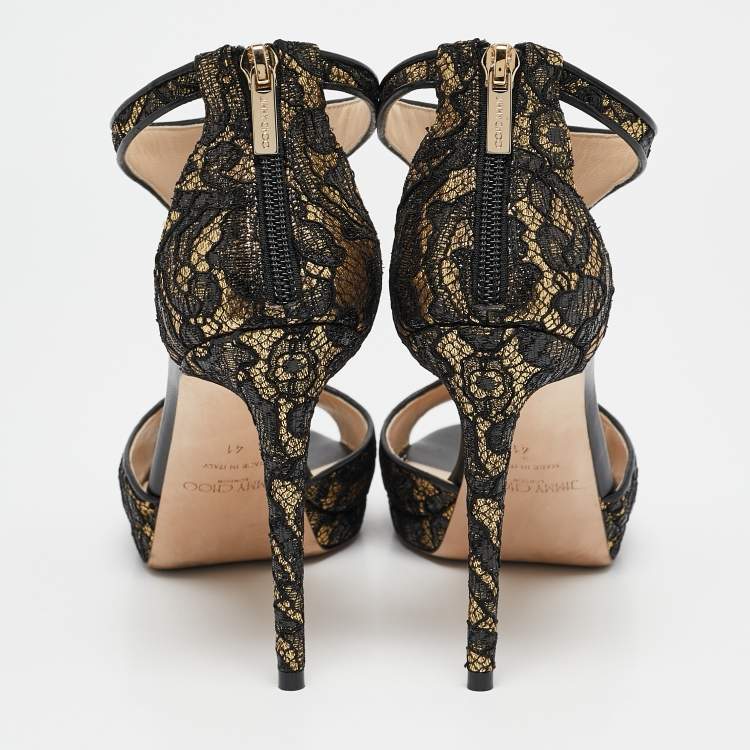 Pre Owned Jimmy Choo Black/Gold Lace and Lurex Fabric Lana Sandals Size 41