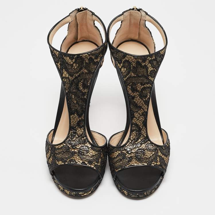 Pre Owned Jimmy Choo Black/Gold Lace and Lurex Fabric Lana Sandals Size 41