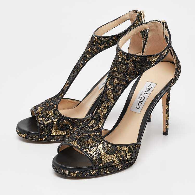 Pre Owned Jimmy Choo Black/Gold Lace and Lurex Fabric Lana Sandals Size 41