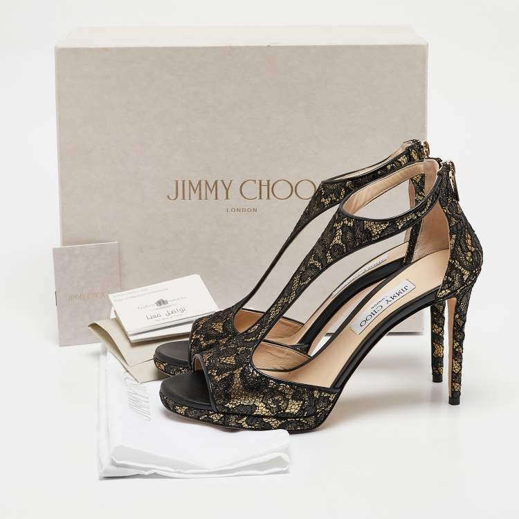 Pre Owned Jimmy Choo Black/Gold Lace and Lurex Fabric Lana Sandals Size 41