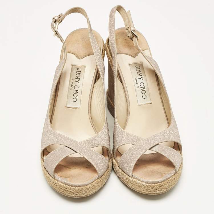 Pre Owned Jimmy Choo Metallic Pink Glitter Amely Wedge Sandals Size 39