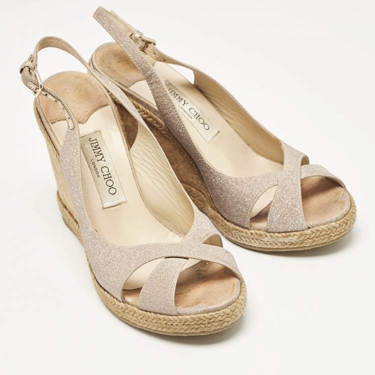 Pre Owned Jimmy Choo Metallic Pink Glitter Amely Wedge Sandals Size 39