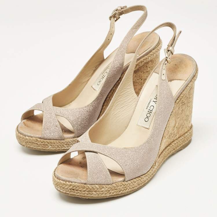 Pre Owned Jimmy Choo Metallic Pink Glitter Amely Wedge Sandals Size 39