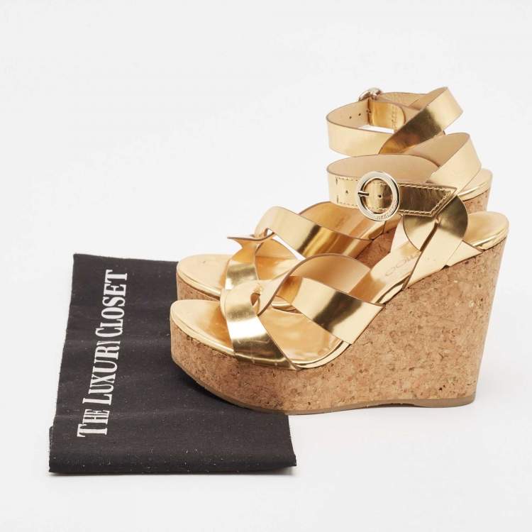 Pre Owned Jimmy Choo Metallic Gold Leather Cork Wedge Sandals Size 37