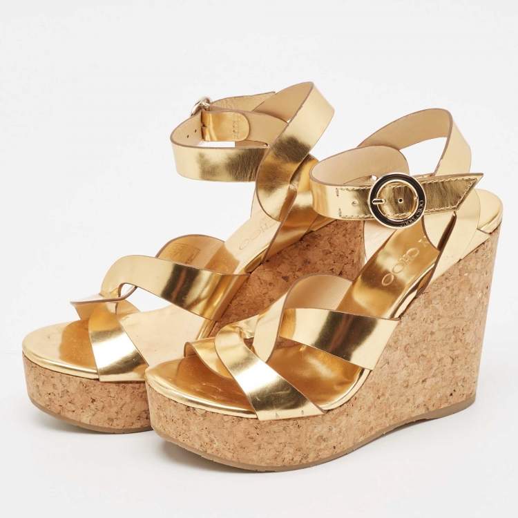 Pre Owned Jimmy Choo Metallic Gold Leather Cork Wedge Sandals Size 37