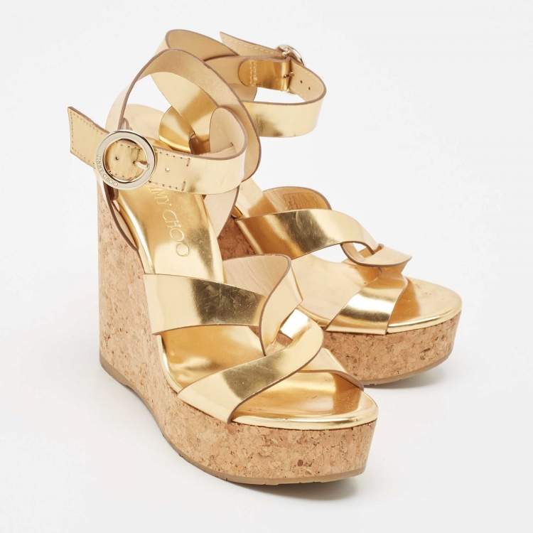 Pre Owned Jimmy Choo Metallic Gold Leather Cork Wedge Sandals Size 37