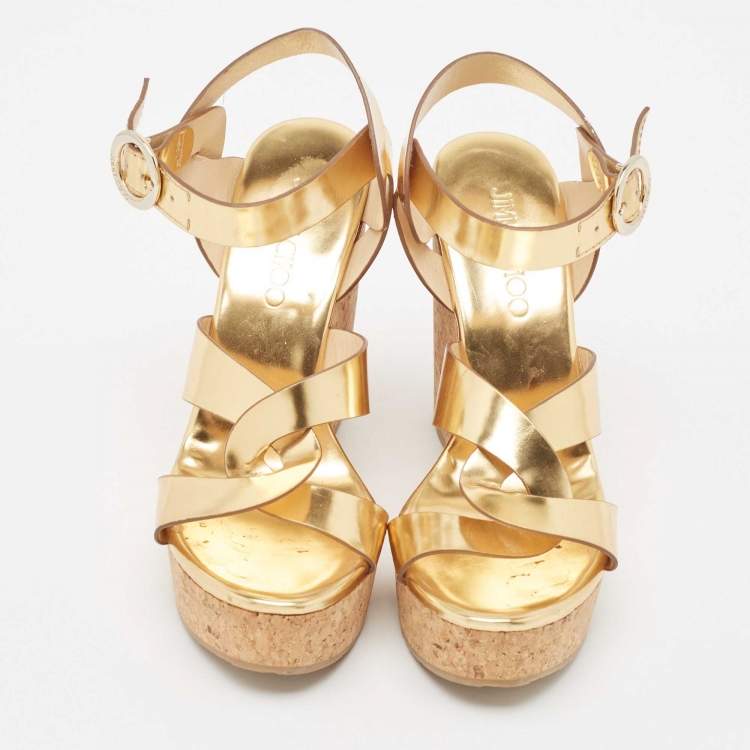 Pre Owned Jimmy Choo Metallic Gold Leather Cork Wedge Sandals Size 37