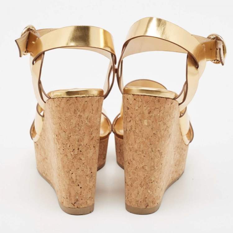 Pre Owned Jimmy Choo Metallic Gold Leather Cork Wedge Sandals Size 37