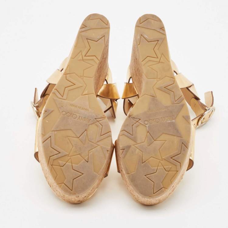 Pre Owned Jimmy Choo Metallic Gold Leather Cork Wedge Sandals Size 37