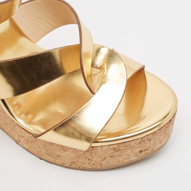 Pre Owned Jimmy Choo Metallic Gold Leather Cork Wedge Sandals Size 37
