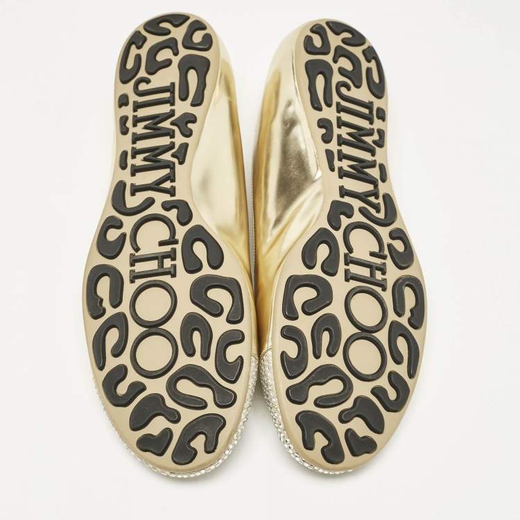 مملوكة مسبقًا Jimmy Choo Gold Leather Waine Crystal Embellished Cap Toe Ballet Flats Size 39.5