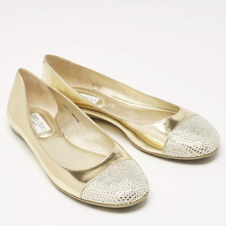 مملوكة مسبقًا Jimmy Choo Gold Leather Waine Crystal Embellished Cap Toe Ballet Flats Size 39.5