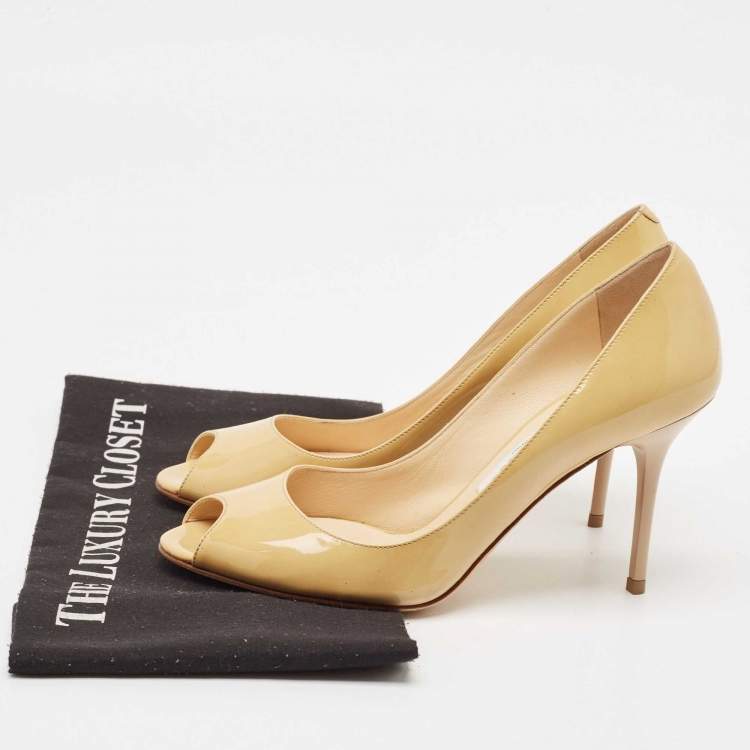 Pre Owned Jimmy Choo Beige Patent Leather Isabel Peep Toe Pumps Size 37