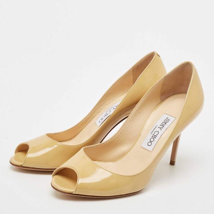 Pre Owned Jimmy Choo Beige Patent Leather Isabel Peep Toe Pumps Size 37