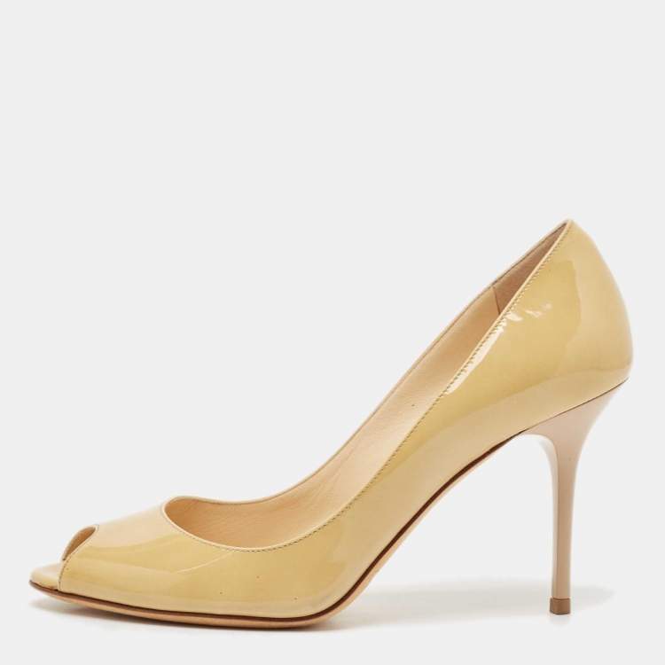 Pre Owned Jimmy Choo Beige Patent Leather Isabel Peep Toe Pumps Size 37