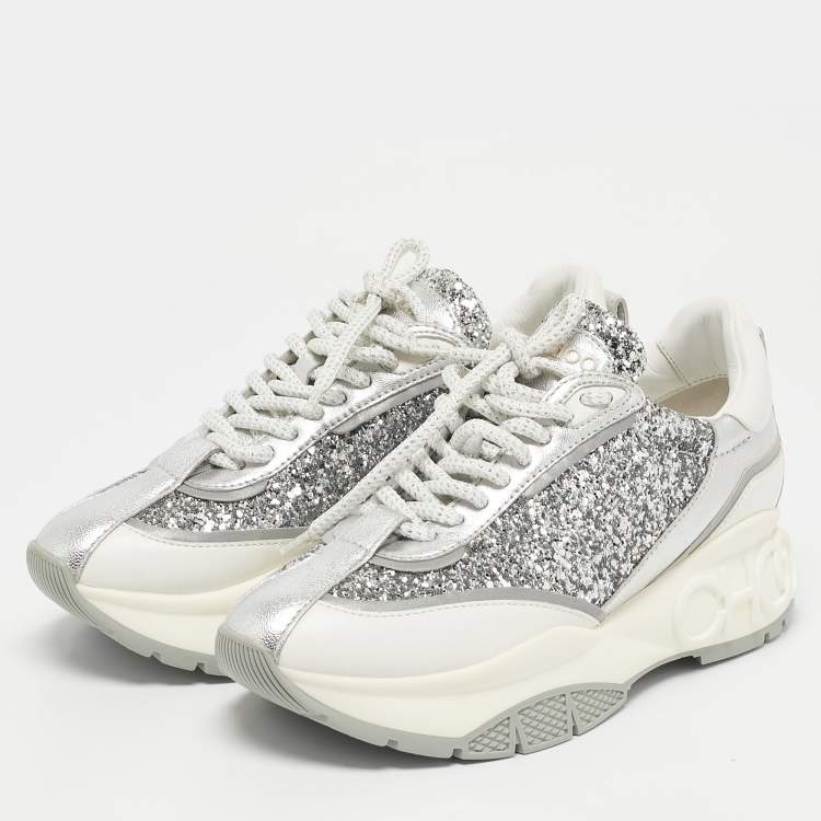 Pre Owned Jimmy Choo White/Silver Leather and Glitter Raine Low Top Sneakers Size 35.5