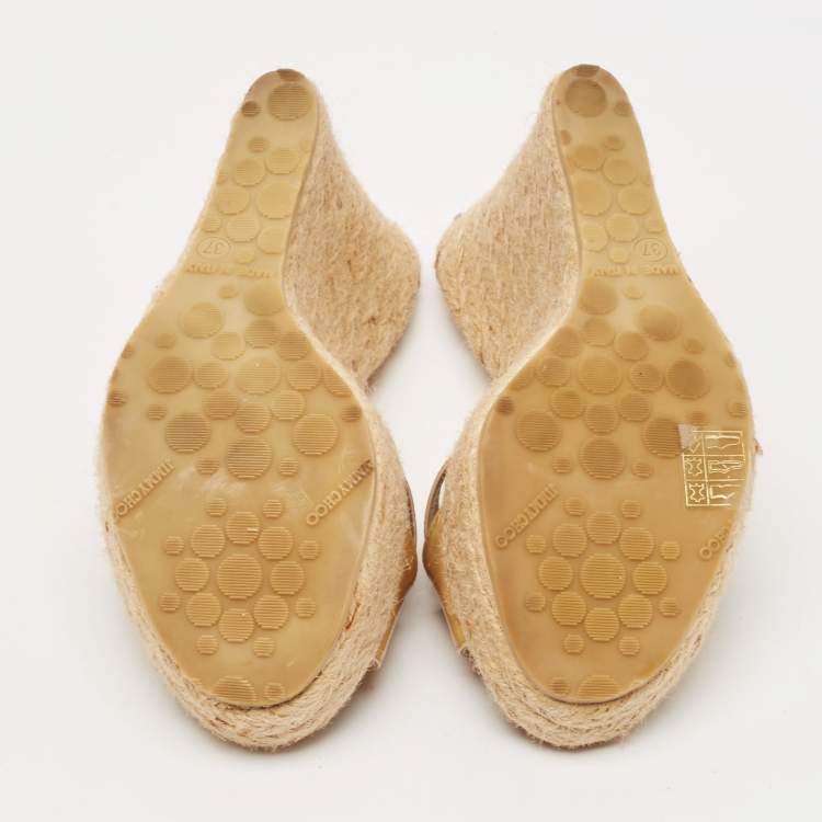 Pre Owned Jimmy Choo Beige Patent Leather Phyllis Espadrilles Platform Wedges Sandals Size 37