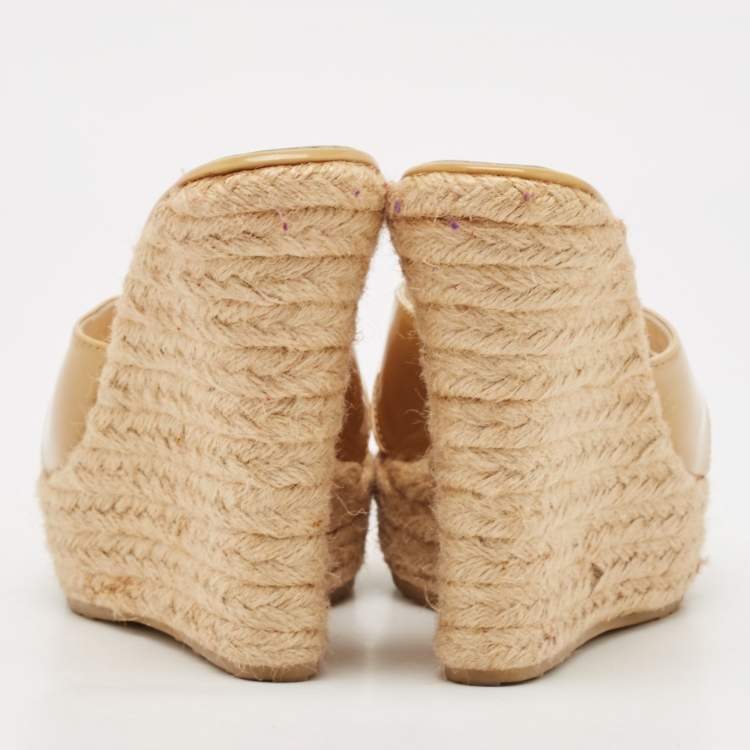 Pre Owned Jimmy Choo Beige Patent Leather Phyllis Espadrilles Platform Wedges Sandals Size 37