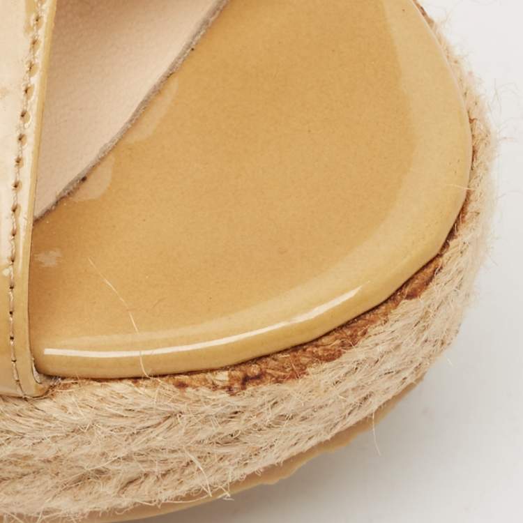 Pre Owned Jimmy Choo Beige Patent Leather Phyllis Espadrilles Platform Wedges Sandals Size 37