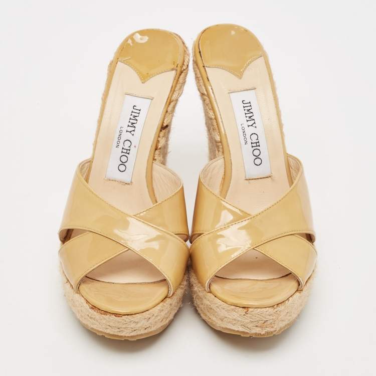 Pre Owned Jimmy Choo Beige Patent Leather Phyllis Espadrilles Platform Wedges Sandals Size 37