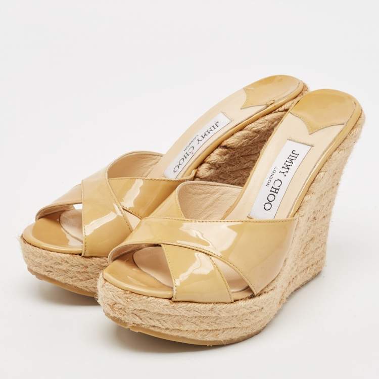 Pre Owned Jimmy Choo Beige Patent Leather Phyllis Espadrilles Platform Wedges Sandals Size 37