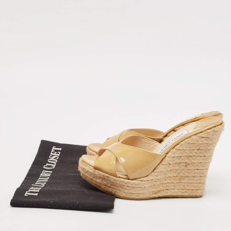 Pre Owned Jimmy Choo Beige Patent Leather Phyllis Espadrilles Platform Wedges Sandals Size 37