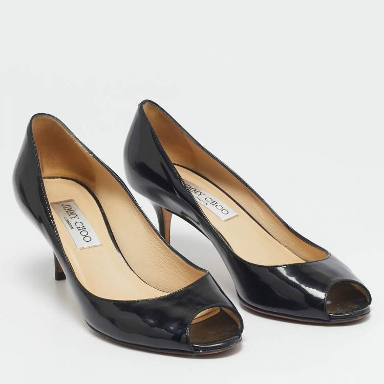 مملوكة مسبقًا Jimmy Choo Black Patent Leather Isabel Peep Toe Pumps Size 37