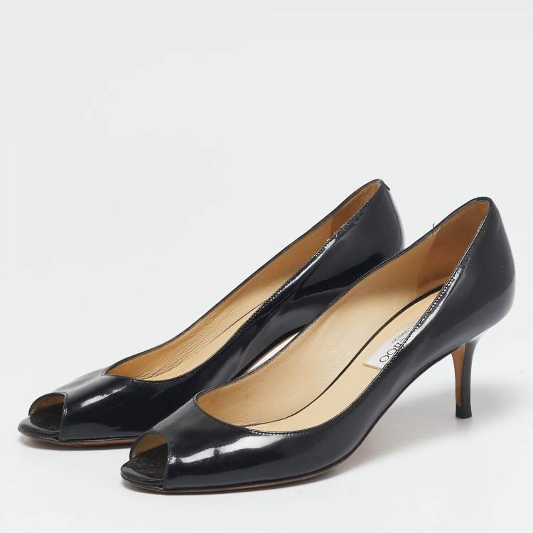 مملوكة مسبقًا Jimmy Choo Black Patent Leather Isabel Peep Toe Pumps Size 37