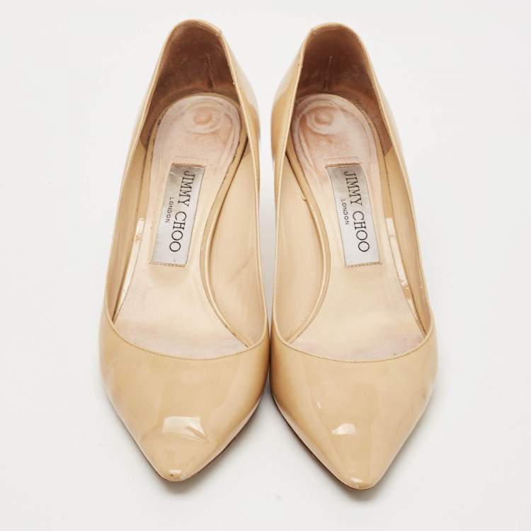 Pre Owned Jimmy Choo Beige Patent Leather Romy Pointed Toe Pumps Size 37