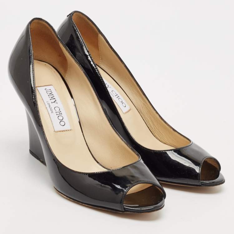 Pre Owned Jimmy Choo Black Patent Leather Baxen Peep Toe Wedge Pumps Size 37.5