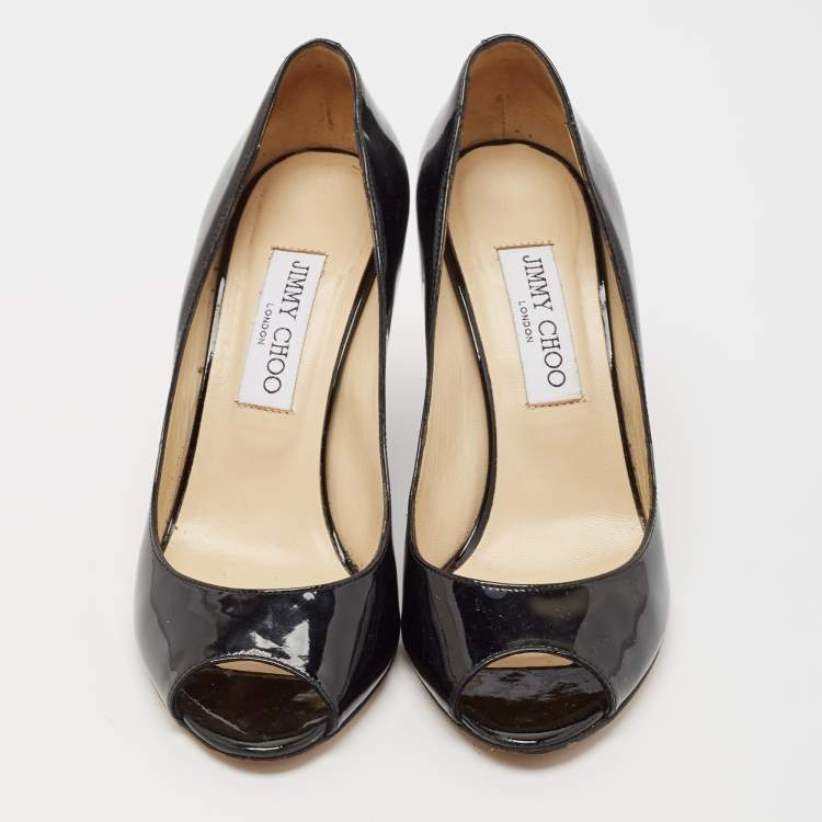 Pre Owned Jimmy Choo Black Patent Leather Baxen Peep Toe Wedge Pumps Size 37.5