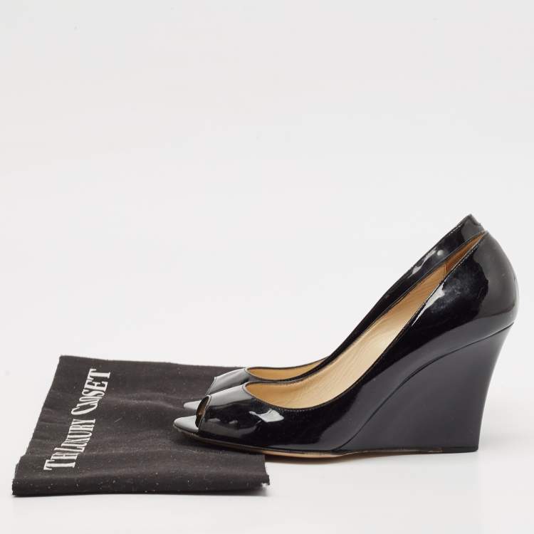 Pre Owned Jimmy Choo Black Patent Leather Baxen Peep Toe Wedge Pumps Size 37.5