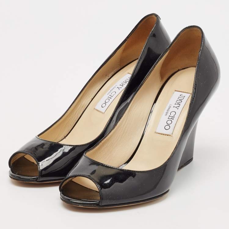 Pre Owned Jimmy Choo Black Patent Leather Baxen Peep Toe Wedge Pumps Size 37.5
