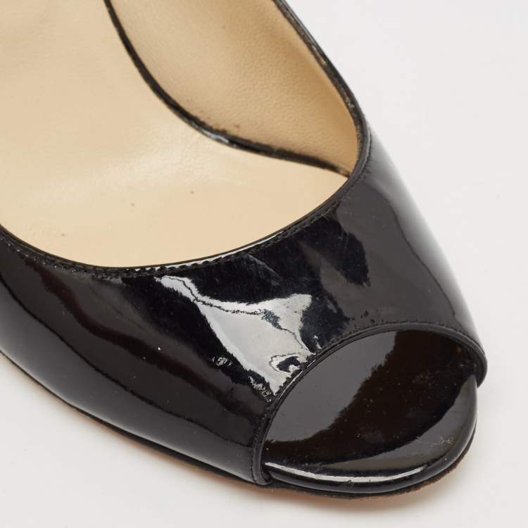 Pre Owned Jimmy Choo Black Patent Leather Baxen Peep Toe Wedge Pumps Size 37.5
