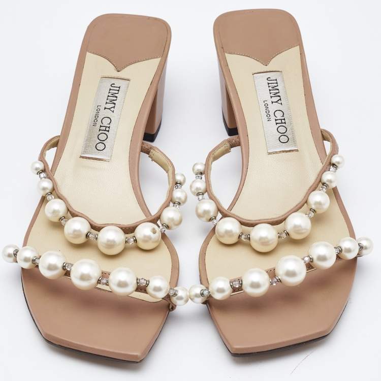 Pre Owned Jimmy Choo Beige Leather Amara Slide Sandals Size 38