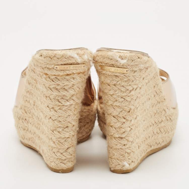 Pre Owned Jimmy Choo Gold Leather Phyllis Espadrilles Platform Wedges Sandals Size 37