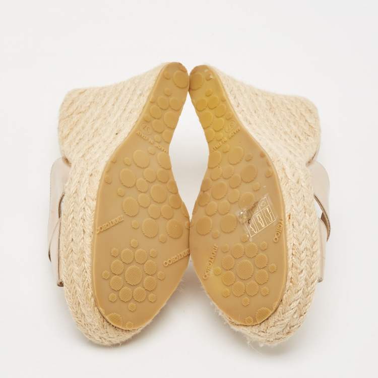 Pre Owned Jimmy Choo Gold Leather Phyllis Espadrilles Platform Wedges Sandals Size 37