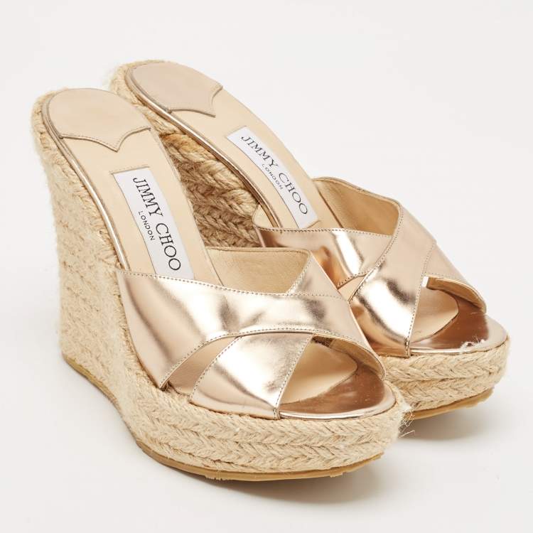 Pre Owned Jimmy Choo Gold Leather Phyllis Espadrilles Platform Wedges Sandals Size 37