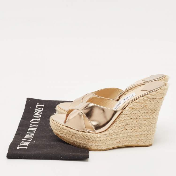 Pre Owned Jimmy Choo Gold Leather Phyllis Espadrilles Platform Wedges Sandals Size 37