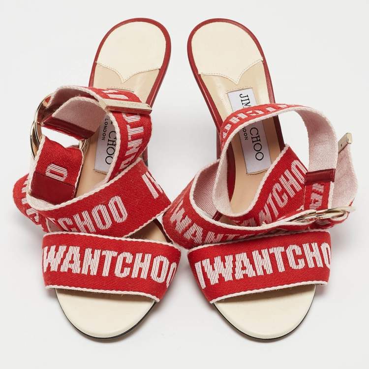 Pre Owned Jimmy Choo Red Canvas Bailey Ankle Wrap Sandals Size 37