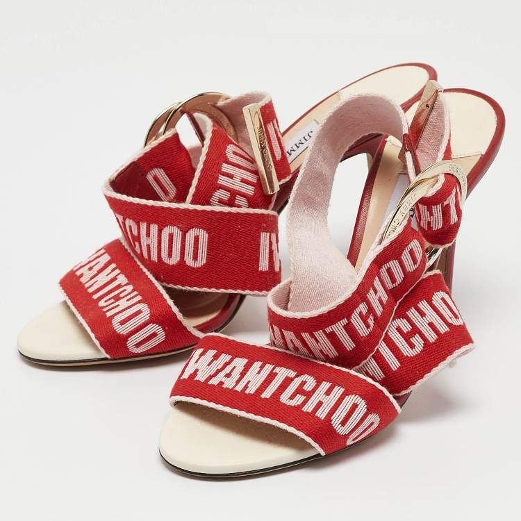 Pre Owned Jimmy Choo Red Canvas Bailey Ankle Wrap Sandals Size 37